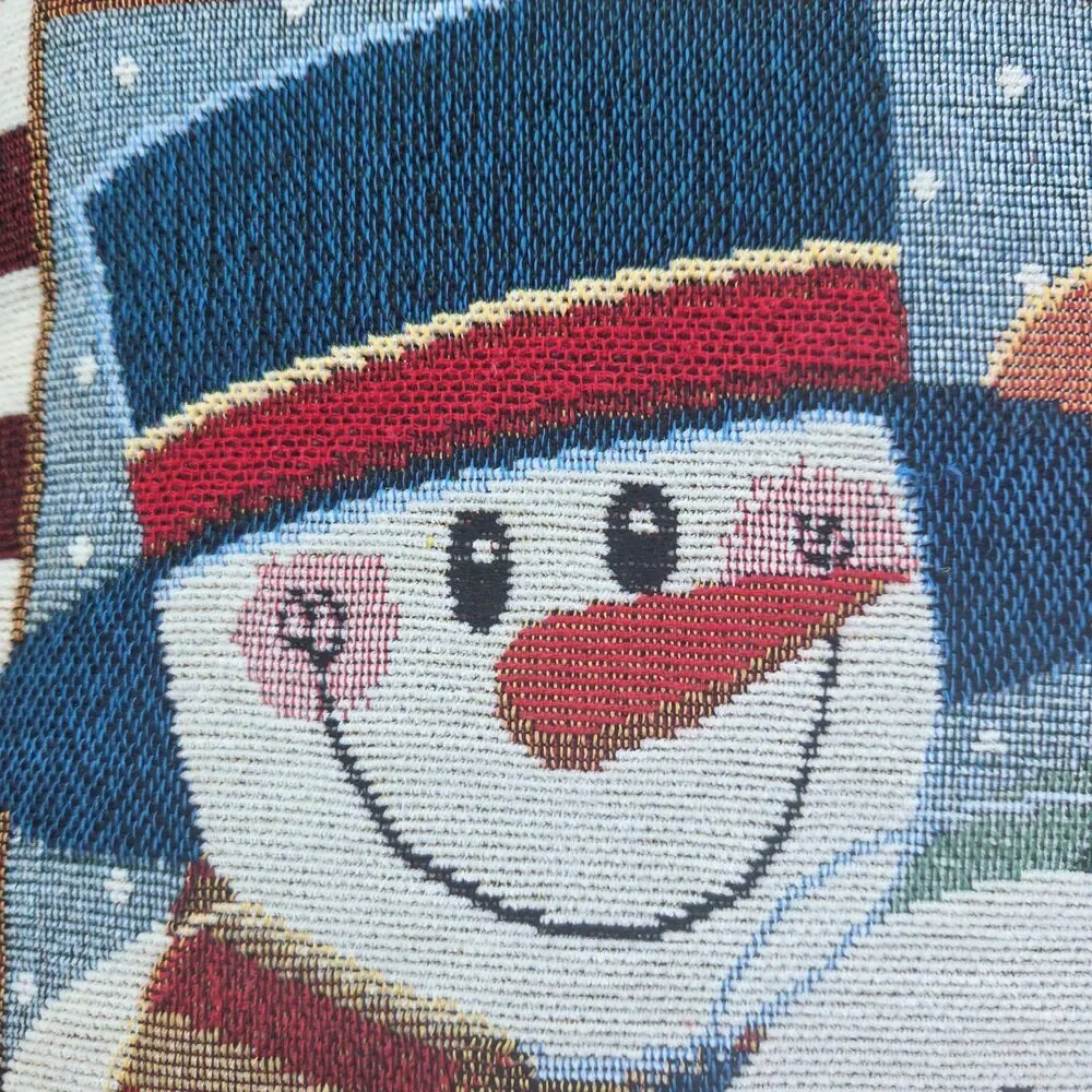 Vintage 18x18 Snowman Tapestry Pillow Hugs Kisses Holiday Wishes Double Sided